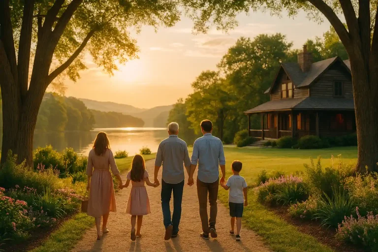 A family of five holding hands and walking on a garden path toward a lake at sunset beside a wooden house.